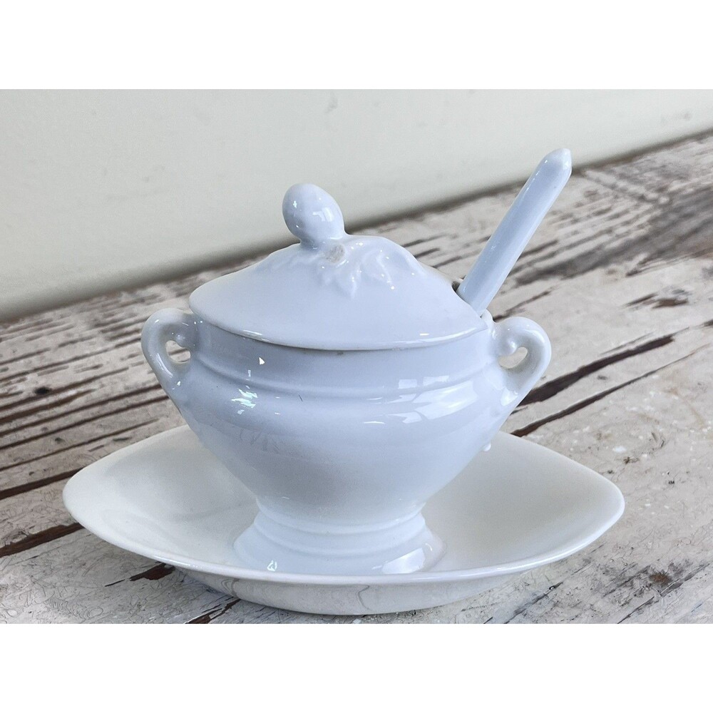 Vintage French White Faience Mustard Pot / Sugar Jam Jelly Pot W/ Spoon 6”